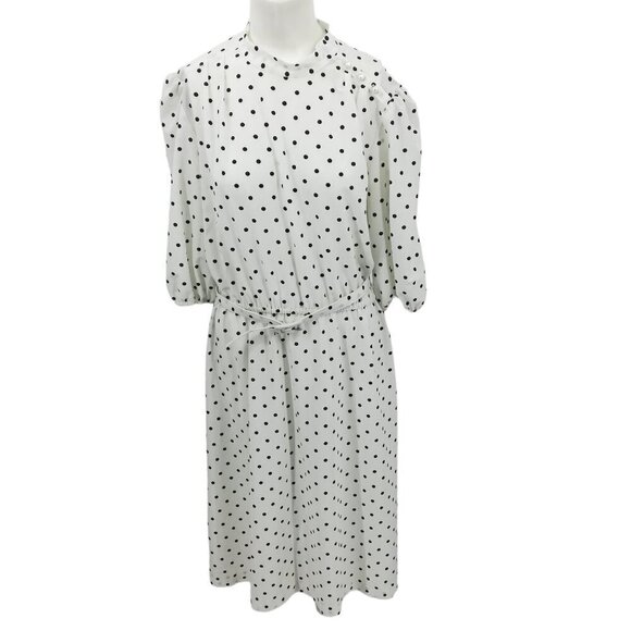Vintage 80s Polka Dot Mock Neck Blouson Half Sleeve Dress Size 18 Belt Elastic - Picture 1 of 12